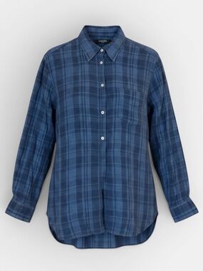 Ralph Lauren Denim Blue Plaid Linen Tunic Style Top